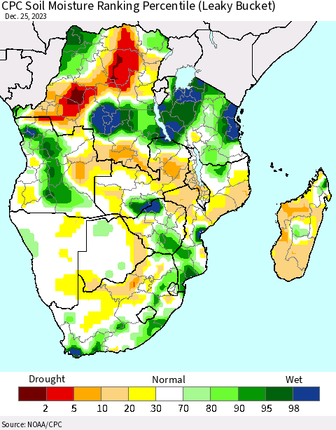 Southern Africa CPC Soil Moisture Ranking Percentile (Leaky Bucket) Thematic Map For 12/21/2023 - 12/25/2023