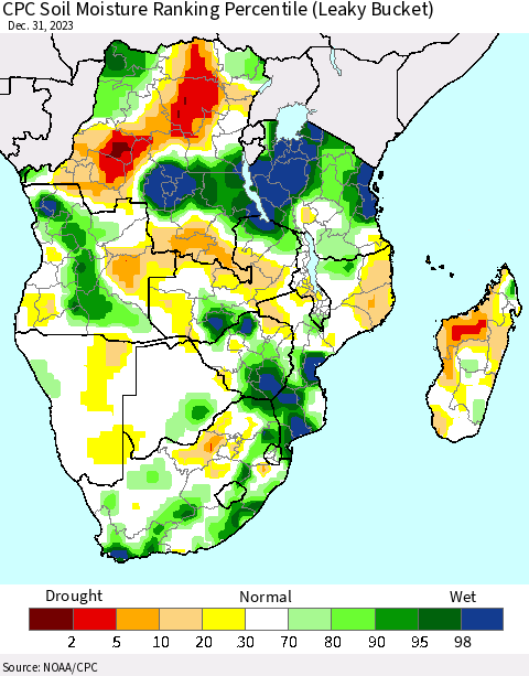 Southern Africa CPC Soil Moisture Ranking Percentile (Leaky Bucket) Thematic Map For 12/26/2023 - 12/31/2023