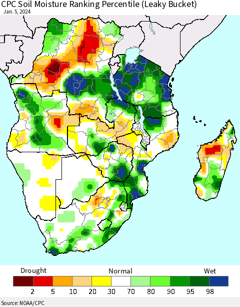 Southern Africa CPC Soil Moisture Ranking Percentile (Leaky Bucket) Thematic Map For 1/1/2024 - 1/5/2024