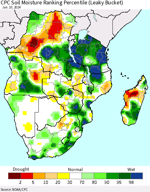 Southern Africa CPC Soil Moisture Ranking Percentile (Leaky Bucket) Thematic Map For 1/6/2024 - 1/10/2024