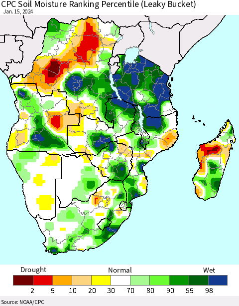 Southern Africa CPC Soil Moisture Ranking Percentile (Leaky Bucket) Thematic Map For 1/11/2024 - 1/15/2024