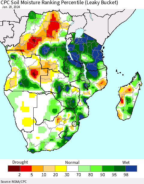 Southern Africa CPC Soil Moisture Ranking Percentile (Leaky Bucket) Thematic Map For 1/16/2024 - 1/20/2024