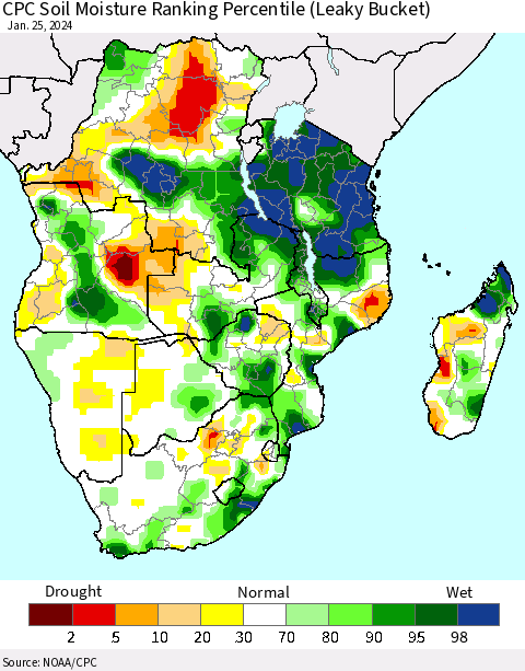 Southern Africa CPC Soil Moisture Ranking Percentile (Leaky Bucket) Thematic Map For 1/21/2024 - 1/25/2024