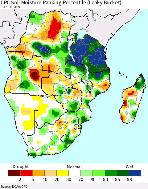Southern Africa CPC Soil Moisture Ranking Percentile (Leaky Bucket) Thematic Map For 1/26/2024 - 1/31/2024