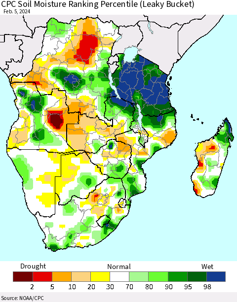 Southern Africa CPC Soil Moisture Ranking Percentile (Leaky Bucket) Thematic Map For 2/1/2024 - 2/5/2024