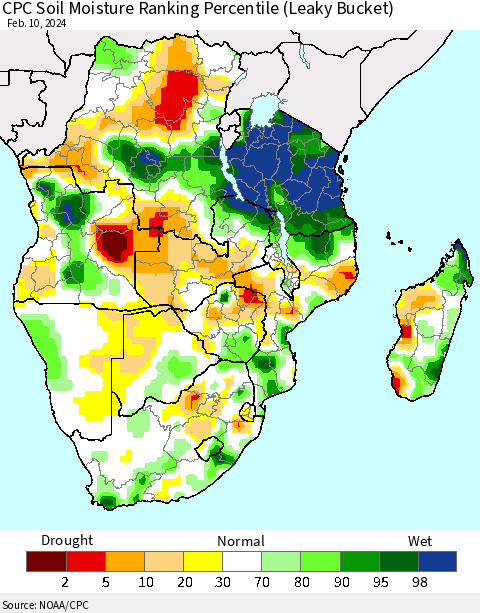 Southern Africa CPC Soil Moisture Ranking Percentile (Leaky Bucket) Thematic Map For 2/6/2024 - 2/10/2024