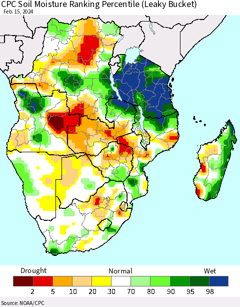 Southern Africa CPC Soil Moisture Ranking Percentile (Leaky Bucket) Thematic Map For 2/11/2024 - 2/15/2024