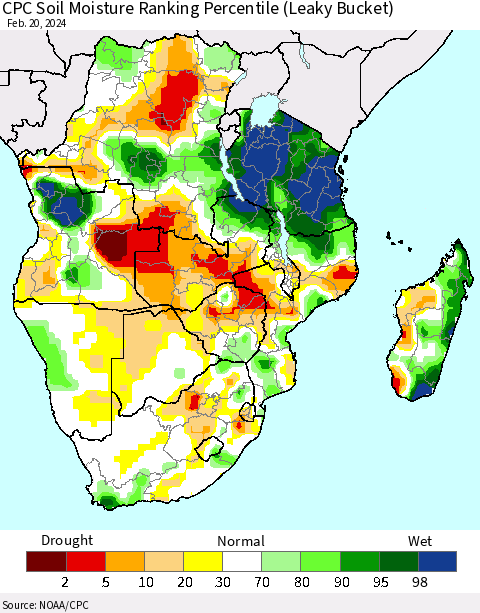 Southern Africa CPC Soil Moisture Ranking Percentile (Leaky Bucket) Thematic Map For 2/16/2024 - 2/20/2024