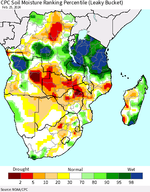 Southern Africa CPC Soil Moisture Ranking Percentile (Leaky Bucket) Thematic Map For 2/21/2024 - 2/25/2024