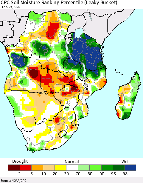 Southern Africa CPC Soil Moisture Ranking Percentile (Leaky Bucket) Thematic Map For 2/26/2024 - 2/29/2024