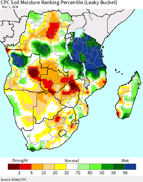 Southern Africa CPC Soil Moisture Ranking Percentile (Leaky Bucket) Thematic Map For 3/1/2024 - 3/5/2024