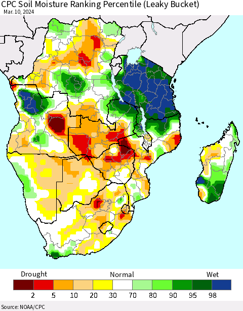 Southern Africa CPC Soil Moisture Ranking Percentile (Leaky Bucket) Thematic Map For 3/6/2024 - 3/10/2024
