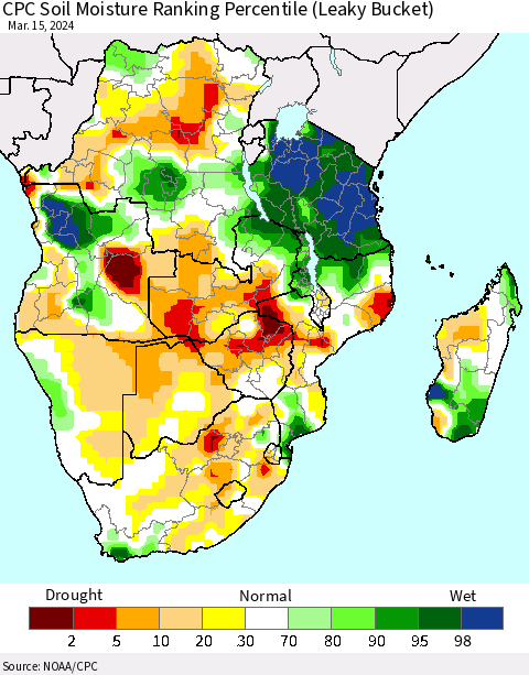 Southern Africa CPC Soil Moisture Ranking Percentile (Leaky Bucket) Thematic Map For 3/11/2024 - 3/15/2024