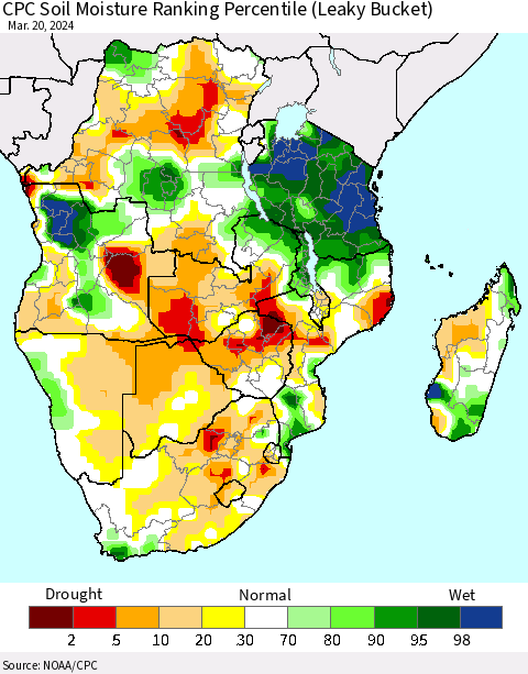 Southern Africa CPC Soil Moisture Ranking Percentile (Leaky Bucket) Thematic Map For 3/16/2024 - 3/20/2024