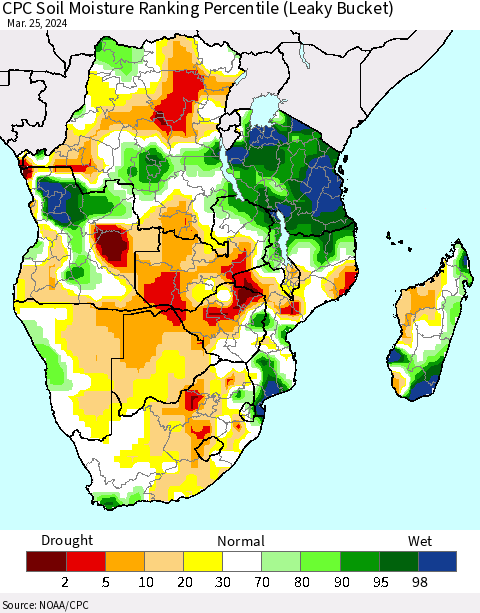 Southern Africa CPC Soil Moisture Ranking Percentile (Leaky Bucket) Thematic Map For 3/21/2024 - 3/25/2024