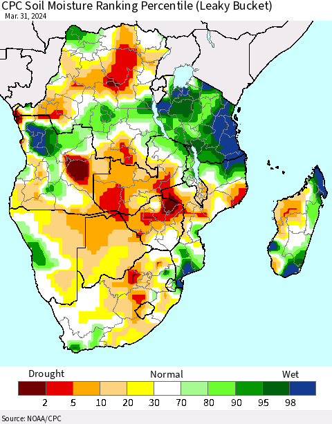 Southern Africa CPC Soil Moisture Ranking Percentile (Leaky Bucket) Thematic Map For 3/26/2024 - 3/31/2024