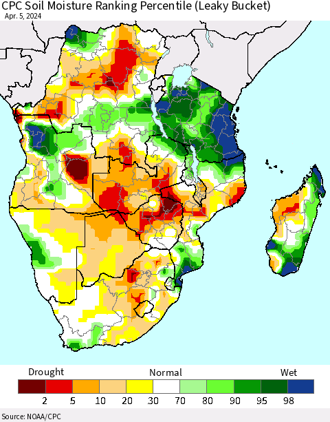 Southern Africa CPC Soil Moisture Ranking Percentile (Leaky Bucket) Thematic Map For 4/1/2024 - 4/5/2024