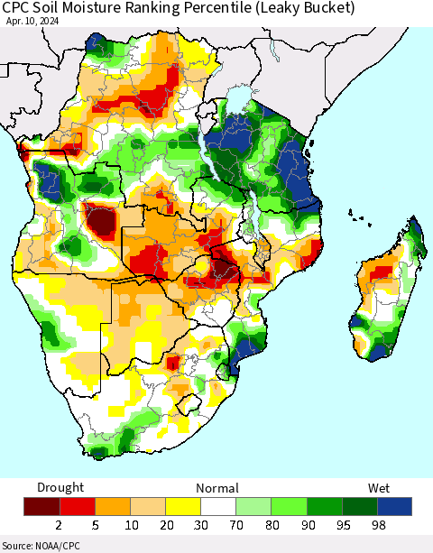 Southern Africa CPC Soil Moisture Ranking Percentile (Leaky Bucket) Thematic Map For 4/6/2024 - 4/10/2024