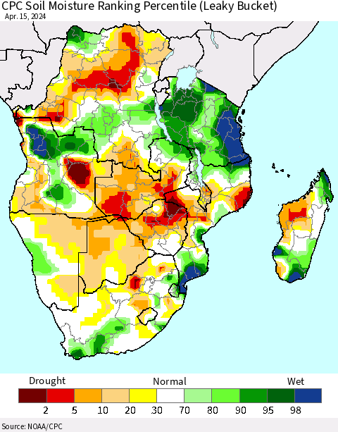 Southern Africa CPC Soil Moisture Ranking Percentile (Leaky Bucket) Thematic Map For 4/11/2024 - 4/15/2024