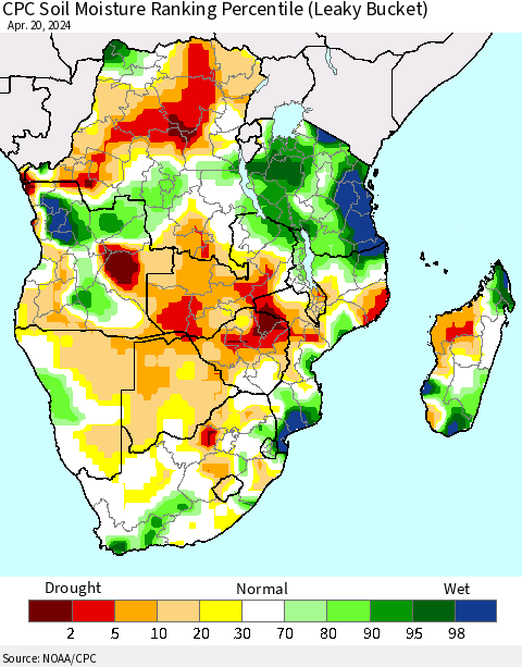 Southern Africa CPC Soil Moisture Ranking Percentile (Leaky Bucket) Thematic Map For 4/16/2024 - 4/20/2024