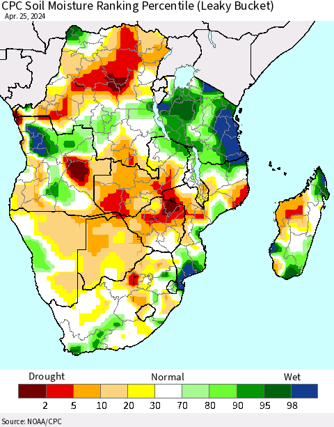 Southern Africa CPC Soil Moisture Ranking Percentile (Leaky Bucket) Thematic Map For 4/21/2024 - 4/25/2024