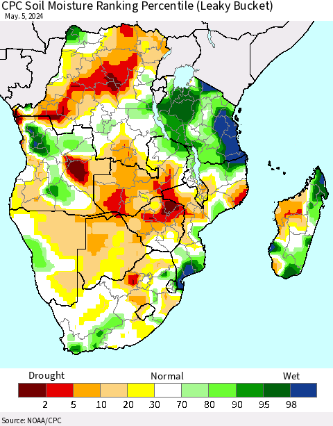 Southern Africa CPC Soil Moisture Ranking Percentile (Leaky Bucket) Thematic Map For 5/1/2024 - 5/5/2024
