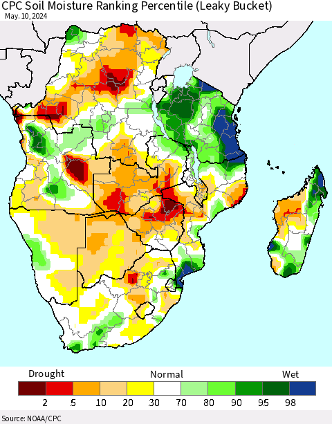 Southern Africa CPC Soil Moisture Ranking Percentile (Leaky Bucket) Thematic Map For 5/6/2024 - 5/10/2024