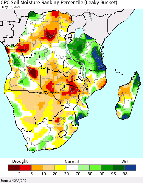 Southern Africa CPC Soil Moisture Ranking Percentile (Leaky Bucket) Thematic Map For 5/11/2024 - 5/15/2024