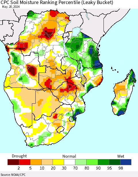 Southern Africa CPC Soil Moisture Ranking Percentile (Leaky Bucket) Thematic Map For 5/16/2024 - 5/20/2024