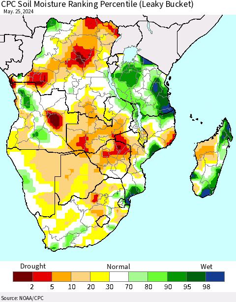 Southern Africa CPC Soil Moisture Ranking Percentile (Leaky Bucket) Thematic Map For 5/21/2024 - 5/25/2024