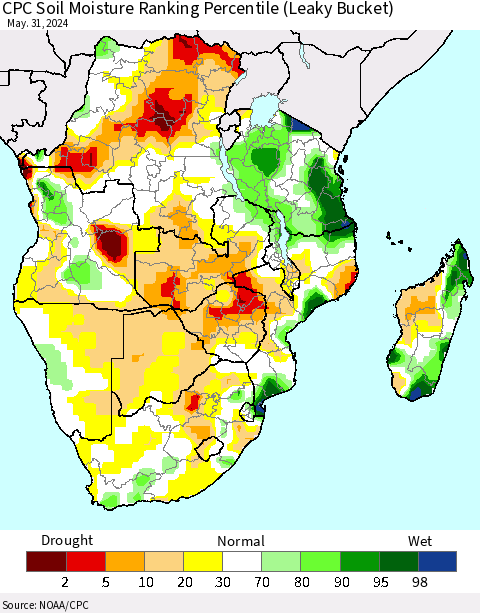 Southern Africa CPC Soil Moisture Ranking Percentile (Leaky Bucket) Thematic Map For 5/26/2024 - 5/31/2024