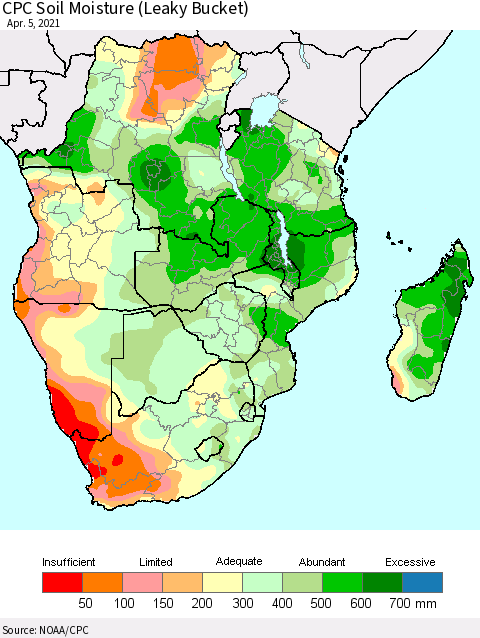 Southern Africa CPC Soil Moisture (Leaky Bucket) Thematic Map For 4/1/2021 - 4/5/2021