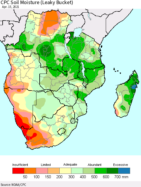 Southern Africa CPC Soil Moisture (Leaky Bucket) Thematic Map For 4/11/2021 - 4/15/2021