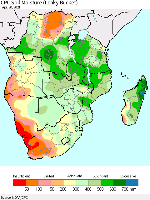 Southern Africa CPC Soil Moisture (Leaky Bucket) Thematic Map For 4/16/2021 - 4/20/2021