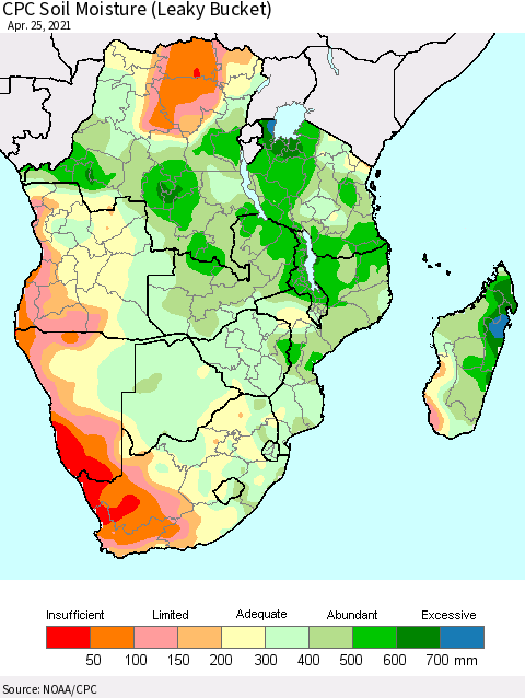 Southern Africa CPC Soil Moisture (Leaky Bucket) Thematic Map For 4/21/2021 - 4/25/2021