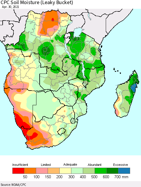 Southern Africa CPC Soil Moisture (Leaky Bucket) Thematic Map For 4/26/2021 - 4/30/2021
