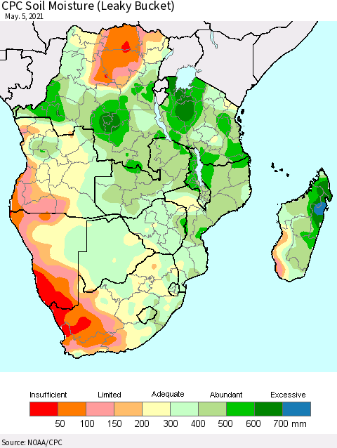 Southern Africa CPC Soil Moisture (Leaky Bucket) Thematic Map For 5/1/2021 - 5/5/2021