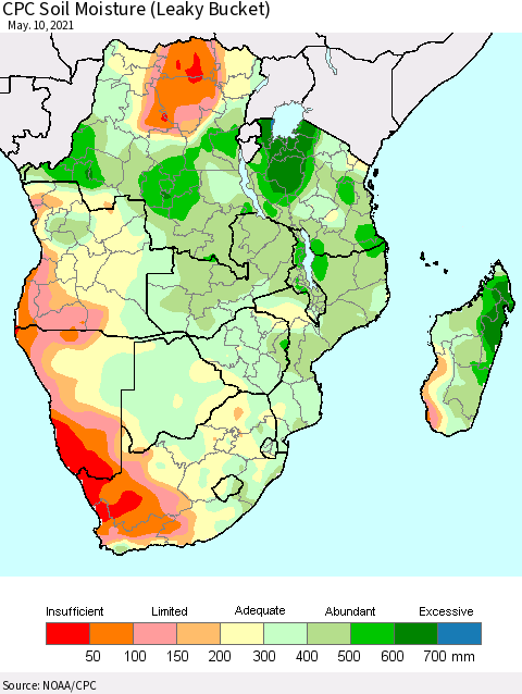 Southern Africa CPC Soil Moisture (Leaky Bucket) Thematic Map For 5/6/2021 - 5/10/2021