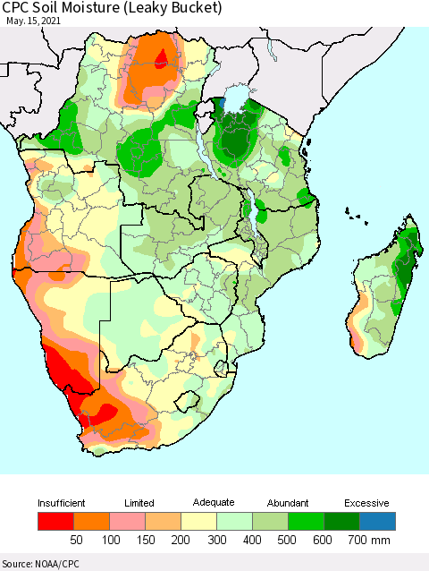 Southern Africa CPC Soil Moisture (Leaky Bucket) Thematic Map For 5/11/2021 - 5/15/2021