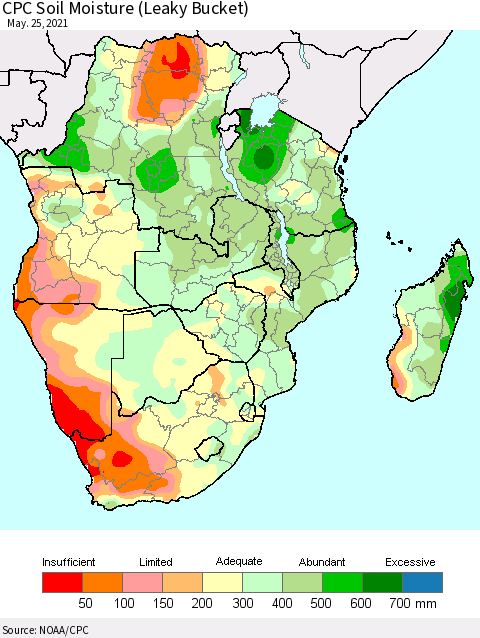 Southern Africa CPC Soil Moisture (Leaky Bucket) Thematic Map For 5/21/2021 - 5/25/2021