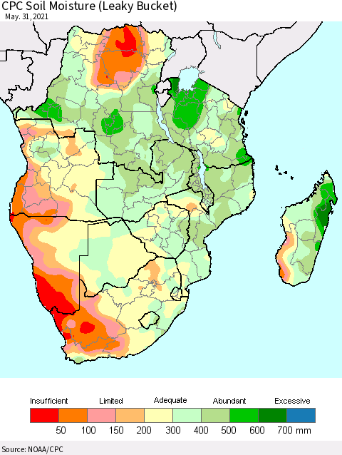 Southern Africa CPC Soil Moisture (Leaky Bucket) Thematic Map For 5/26/2021 - 5/31/2021