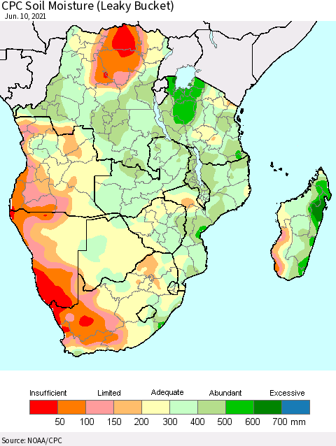 Southern Africa CPC Soil Moisture (Leaky Bucket) Thematic Map For 6/6/2021 - 6/10/2021