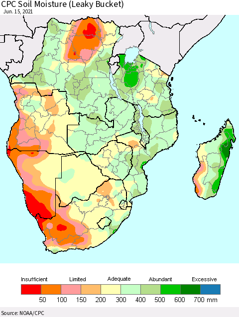 Southern Africa CPC Soil Moisture (Leaky Bucket) Thematic Map For 6/11/2021 - 6/15/2021