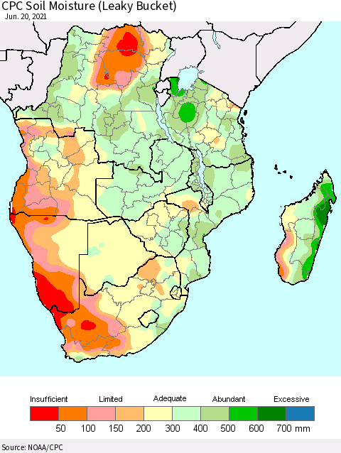 Southern Africa CPC Soil Moisture (Leaky Bucket) Thematic Map For 6/16/2021 - 6/20/2021