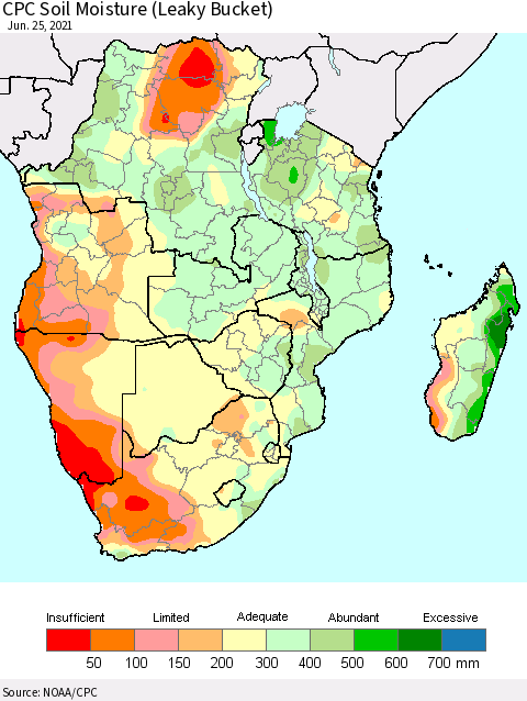 Southern Africa CPC Soil Moisture (Leaky Bucket) Thematic Map For 6/21/2021 - 6/25/2021