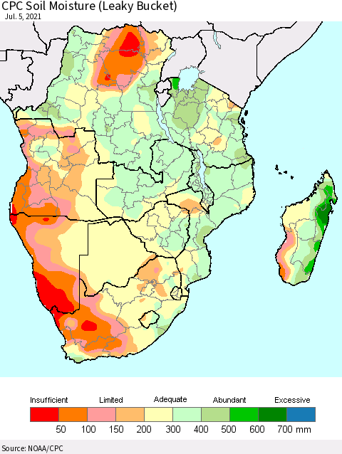 Southern Africa CPC Soil Moisture (Leaky Bucket) Thematic Map For 7/1/2021 - 7/5/2021