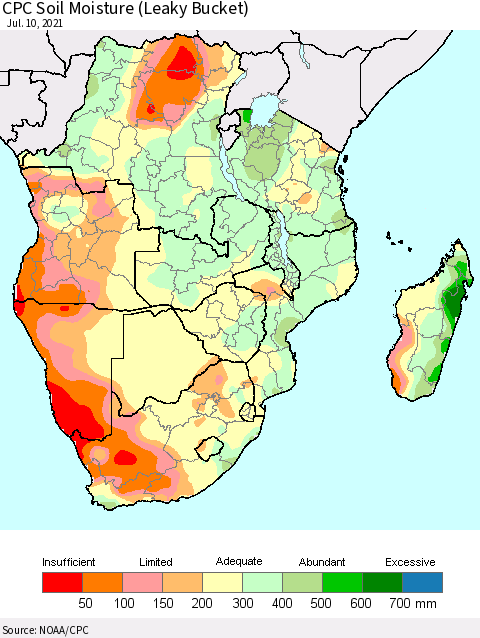 Southern Africa CPC Soil Moisture (Leaky Bucket) Thematic Map For 7/6/2021 - 7/10/2021