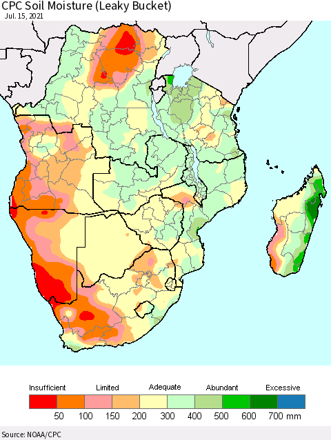 Southern Africa CPC Soil Moisture (Leaky Bucket) Thematic Map For 7/11/2021 - 7/15/2021
