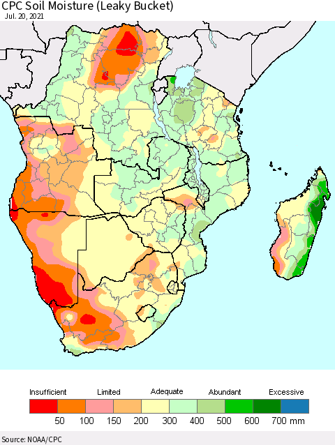 Southern Africa CPC Soil Moisture (Leaky Bucket) Thematic Map For 7/16/2021 - 7/20/2021