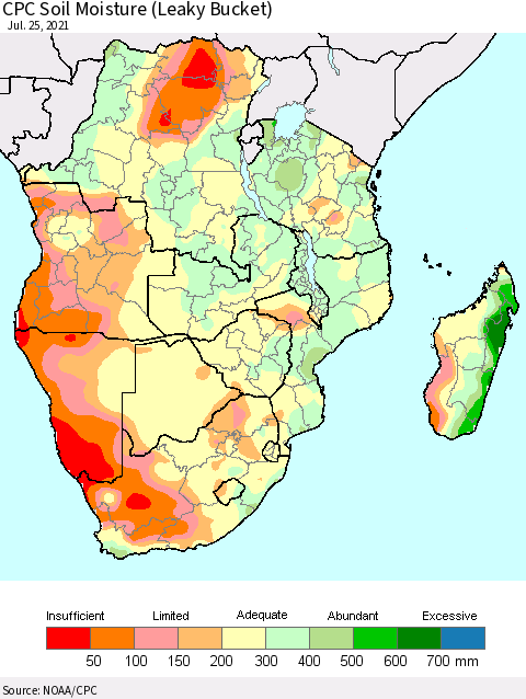 Southern Africa CPC Soil Moisture (Leaky Bucket) Thematic Map For 7/21/2021 - 7/25/2021